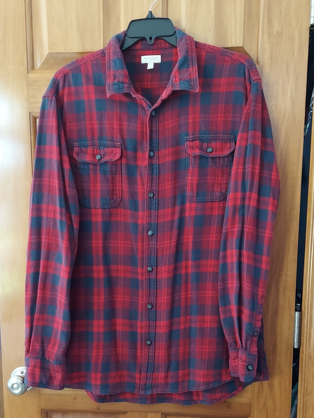 Sonoma Men's Navy & Red Plaid Button-Down Fleece Shirt Chest Pockets Size 2XLT▪︎ - Picture 1 of 9